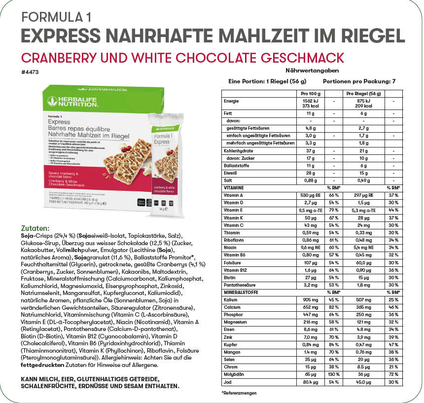 HERBALIFE - Formula 1 Express Riegel Cranberry & White Chocolate 7 Riegel 56 g