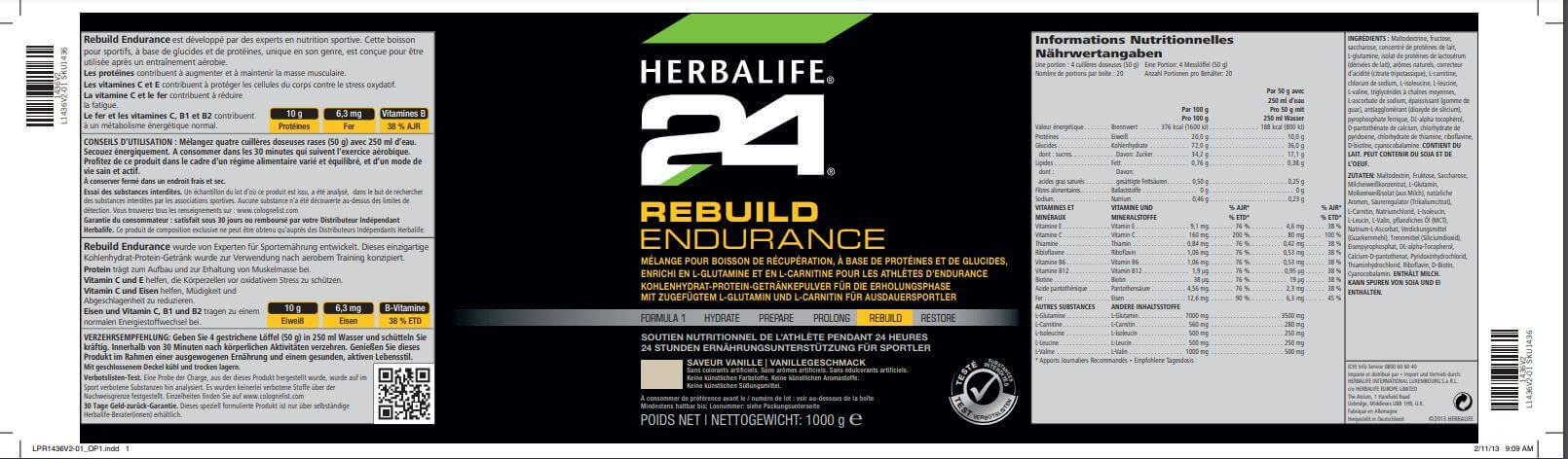 HERBALIFE - H24 Rebuild Endurance Vanille Nährwerte
